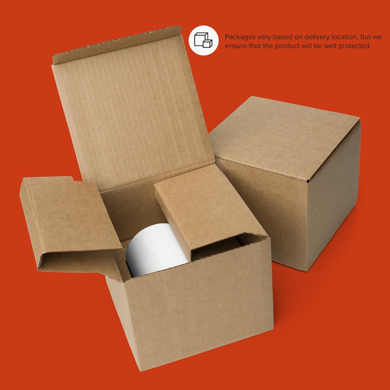 May include: Cardboard boxes, one open to reveal a white cylindrical object, are arranged against an orange background. The boxes are brown and have a corrugated texture. The text in the image says, "Packages vary based on delivery location, but we ensure that the product will be well protected."