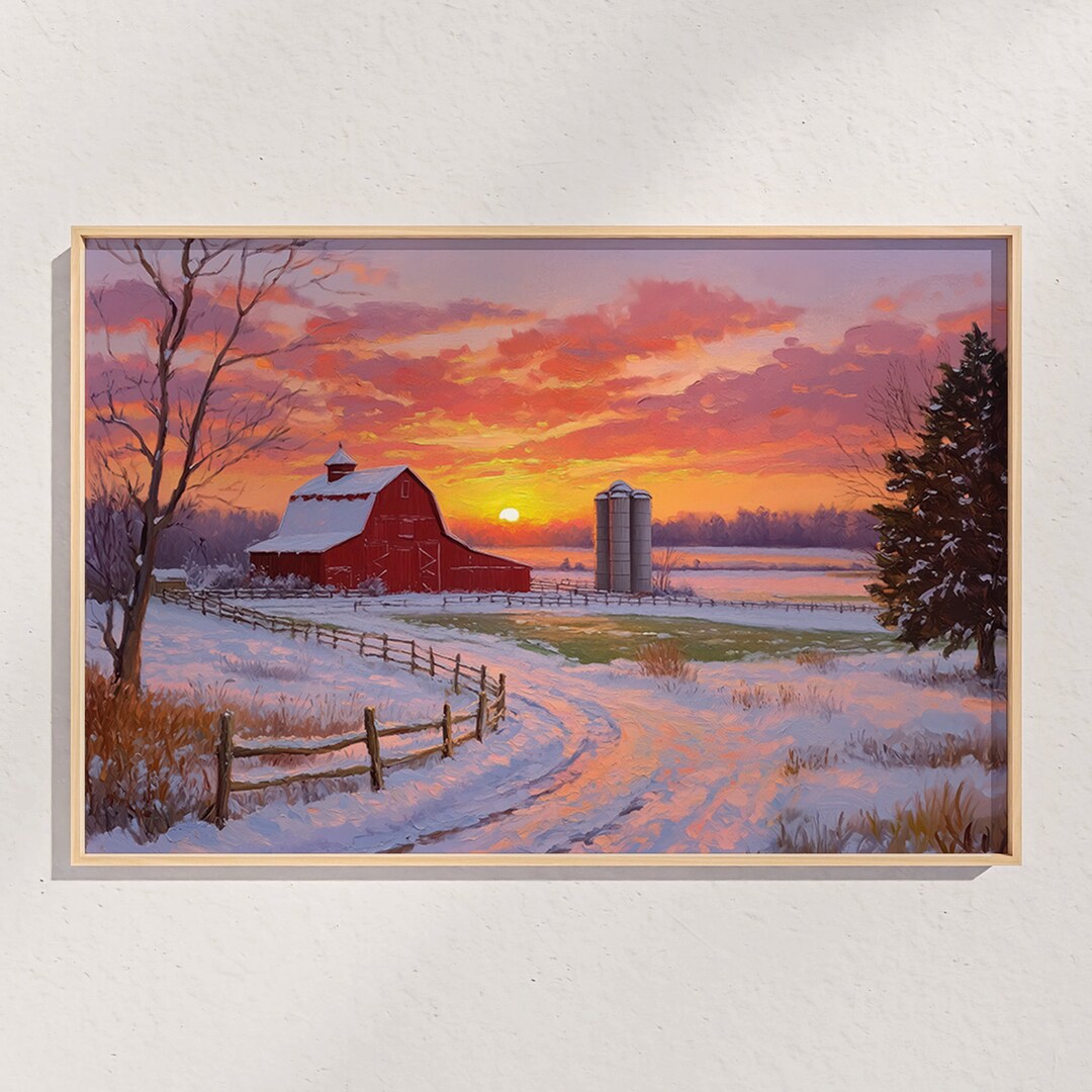 Red Barn Winter Sunset Canvas Print: Midwest Farmhouse Wall Art - Etsy