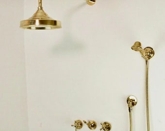 Conjunto de chuveiro em latão maciço sem laca, chuveiro de chuva vintage de parede