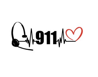 May include: Black and white illustration of a headset with a heartbeat line and the number 911. A red heart is at the end of the heartbeat line.