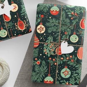 Retro Ornaments Christmas Wrapping Paper, Christmas Pine Trees With Holly Berry Wrapping Paper, Decorative Nostalgic Christmas Gift Wrap