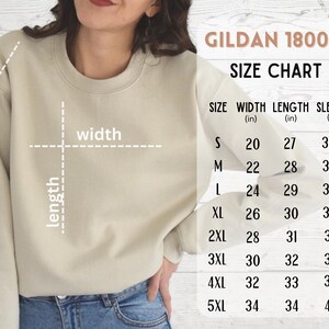 May include: Size chart for Gildan 18000 sweatshirts, showing measurements in inches for width, length, and sleeve length for sizes S through 5XL.