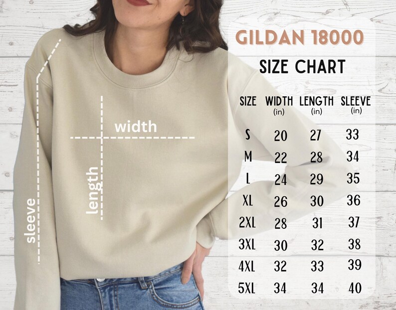 May include: Size chart for Gildan 18000 sweatshirts, showing measurements in inches for width, length, and sleeve length for sizes S through 5XL.