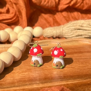 Handmade Mushroom House Earrings: Polymer Clay Fall Accessory