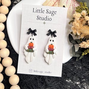 Handmade Ghost Earrings with Pumpkin & Book Stack - Halloween Earrings- Spooky Cute Polymer Clay Jewelry- Autumn Accessories