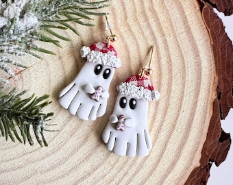 Polymer Clay Christmas Ghost Earrings – Handmade Gingerbread Holiday Jewelry