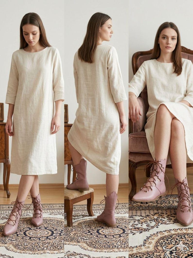 Puede incluir: Imagen de tres paneles que muestra un vestido de lino color crema con mangas tres cuartos. El vestido se combina con botas con cordones color malva. La modelo est&aacute; de pie y sentada en diferentes poses.