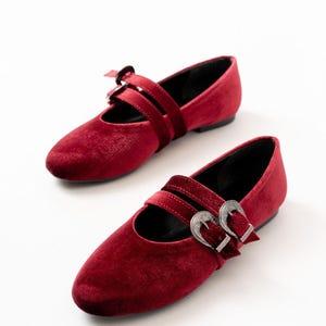 May include: A pair of red velvet flats with double silver buckles. The shoes have a pointed toe and a low heel.