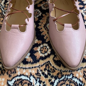 Puede incluir: Un par de bailarinas de color rosa p&aacute;lido con puntera y cordones marrones. Los zapatos tienen un dise&ntilde;o de borde festoneado y una suela marr&oacute;n claro. La imagen muestra un primer plano de los zapatos sobre una alfombra estampada.