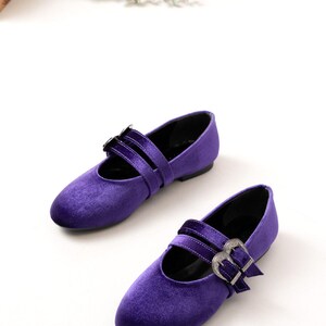 May include: A pair of purple velvet shoes with silver buckles. The shoes have a rounded toe and a low heel.