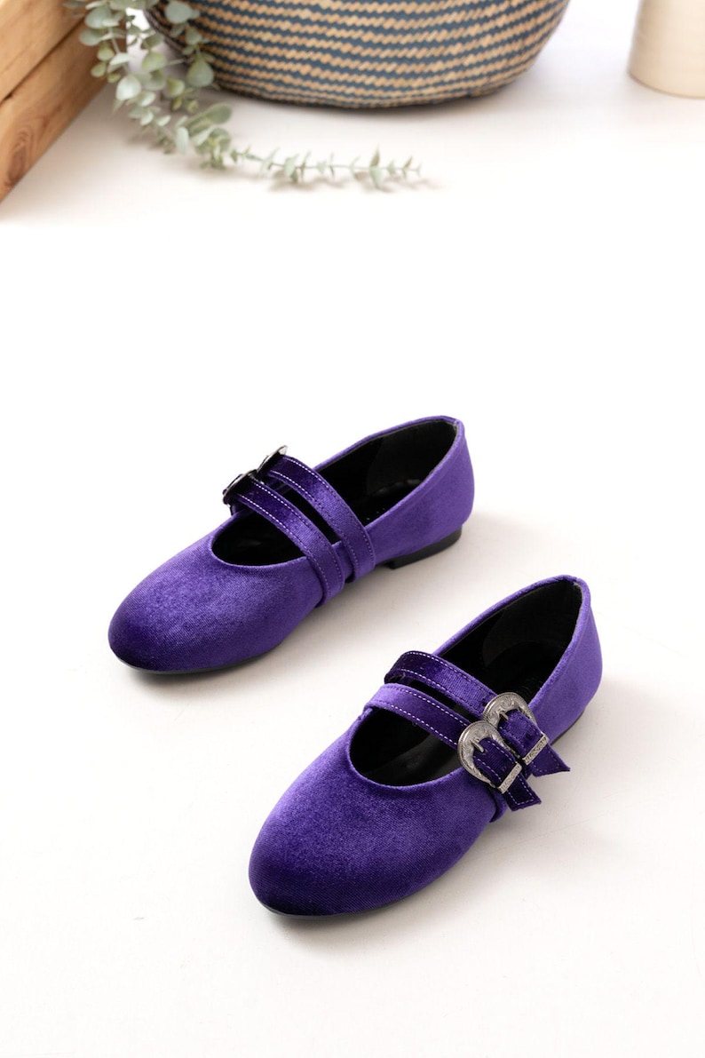 May include: A pair of purple velvet shoes with silver buckles. The shoes have a rounded toe and a low heel.
