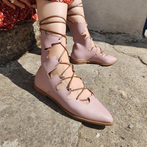 Whimsical Pink Leather Elf Shoes | Lace-Up Fairy Flats | Medieval Fantasy Festival Boots | Handmade Pointed Toe Sandals