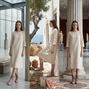 Puede incluir: Imagen de tres paneles que muestra a una mujer con un vestido de lino beige con mangas tres cuartos y botas con cordones. El fondo incluye elementos arquitect&oacute;nicos, un &aacute;rbol y vistas al mar. El vestido tiene un dise&ntilde;o sencillo y elegante.