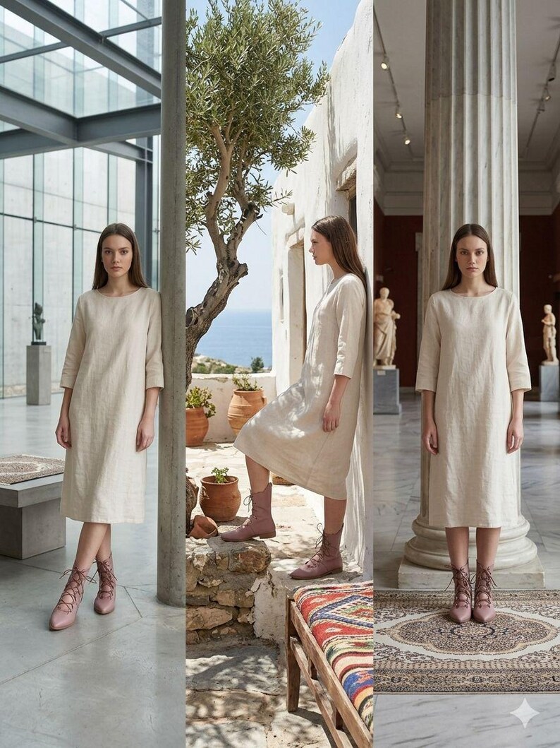 Puede incluir: Imagen de tres paneles que muestra a una mujer con un vestido de lino beige con mangas tres cuartos y botas con cordones. El fondo incluye elementos arquitect&oacute;nicos, un &aacute;rbol y vistas al mar. El vestido tiene un dise&ntilde;o sencillo y elegante.