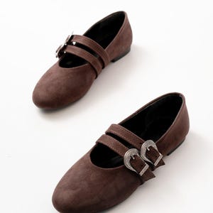 May include: A pair of brown suede ballet flats with silver buckle accents. The flats have a pointed toe and a low heel.