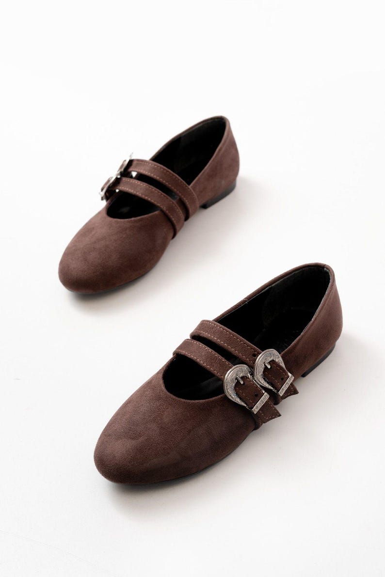May include: A pair of brown suede ballet flats with silver buckle accents. The flats have a pointed toe and a low heel.