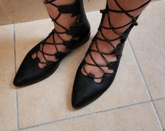 Black Leather Elf Shoes: Handmade Lace-Up Fairy Flats