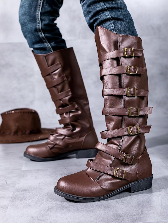【ACLENT】Round buckle long boots Buy Black Leather Forever Comfort® Knee High Buckled Biker Boots