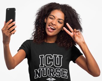 College Style ICU NURSE Unisex Softstyle T-Shirt, Nurse Appreciation Gift, Medical Staff Shirt, Hospital Worker Tee, Healthcare Worker Gift