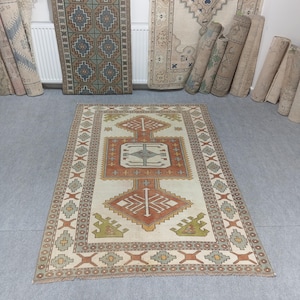 4x6 Rug 4x6,Area Turkish Rug,Vintage  Area,Wool Rug,4x6,Neatrul Wool Rug 4x6,Handmade Soft Ousak Rug,Living Room Rug,Decor Rug,4.3x6.4ft