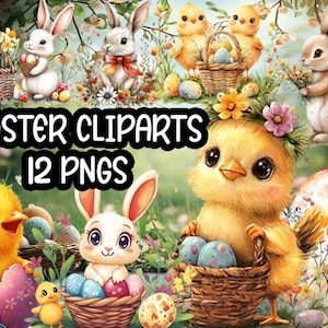 Watercolor Easter Clipart 12 PNGs, Spring Clipart, Easter Clipart,Rabbit Clipart,Cute Easter Clipart,Easter Chick,Easter Bunny,Easter Bundle