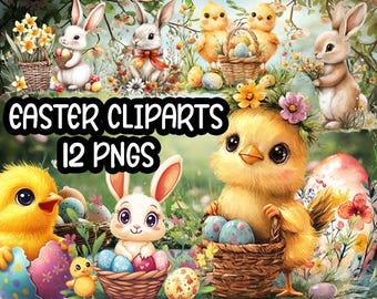 Aquarel Pasen-clipart, konijntjes, kuikens, eieren (12 png-bestanden)