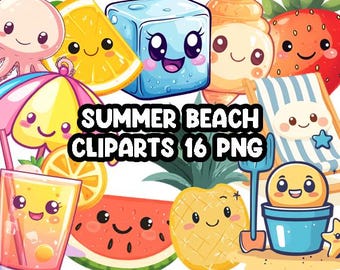 Kawaii Summer Beach Clipart Bundle: Pastel PNG Graphics (Digital Download