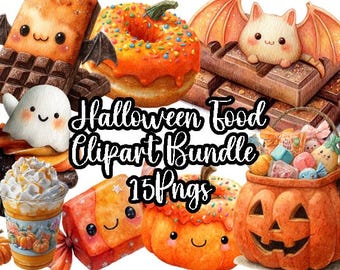 Halloween Food Clipart Bundle: 15 Watercolor Spooky Treats (PNG Download)