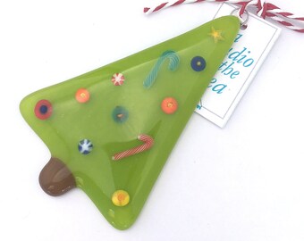 Fused Art Glass Christmas Tree Ornament Lime Green