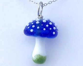 Glass Blue Amanita Mushroom Pendant Super Cute 18" SS Chain - Free Shipping