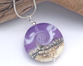 Lavender Lampwork Glass Beach Swirl Pendant Necklace - FREE US SHIPPING