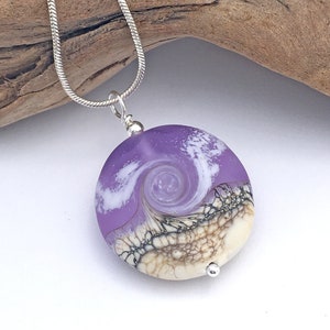 Lavender Lampwork Glass Beach Swirl Pendant Necklace - FREE US SHIPPING