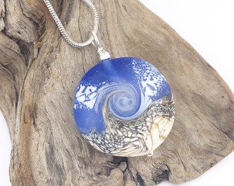 Blue Lampwork Glass Beach Swirl Pendant Necklace - FREE US SHIPPING