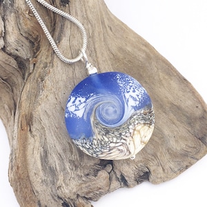 Blue Lampwork Glass Beach Swirl Pendant Necklace - FREE US SHIPPING
