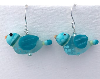 Lampwork Flamework Teal & Turquoise Glass Birdie Earrings SRA