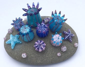 Glass Sea Anemone Garden Tiny Tidepool Sculpture Paperweight Lampwork Turquoise Lavender Blue Pink OOAK SRA