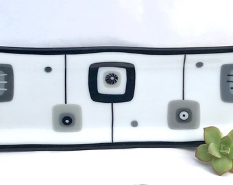 Black White Gray Decorative Fused Glass Long Rectangle Plate Dish Mid Century Modern Squares Handmade