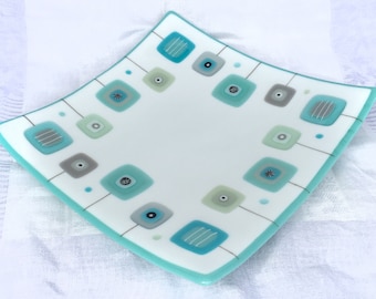 Mint White Gray Decorative Fused Glass Large 10" Plate Dish Mid Century Modern Squares Handmade