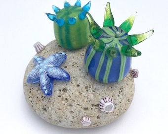 Glass Sea Anemone Garden Tiny Tidepool Sculpture Decor Lampwork Blue Lime Green OOAK SRA