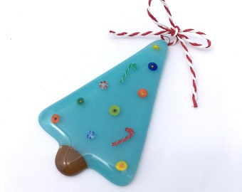 Fused Art Glass Christmas Tree Ornament Aqua