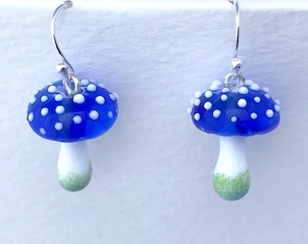 Handmade Glass Blue & White Spotted Mushroom Sterling Silver Earrings  - Free Shipping