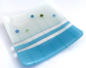 6" Sky Blue and White Fiori Plate Decorative Fused Glass Dish Beachy Coastal Ocean Colors Handmade