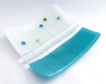 6" Aqua and White Fiori Plate Decorative Fused Glass Dish Beachy Coastal Ocean Colors Handmade