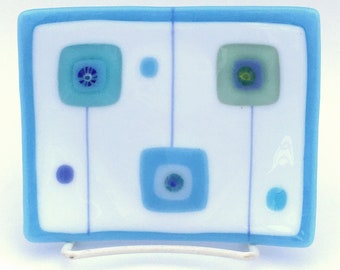 Naczynie ze szkła topionego Sky Blue & White, kwadraty w stylu Mid Century Modern, plaża, styl nadmorski, wystrój łazienki i kuchni, biżuteria, mydelniczka - bezpłatna wysyłka do USA