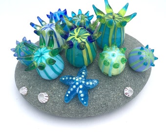 Glass Sea Anemone Garden Tiny Tidepool Sculpture Paperweight Lampwork Green Blue Turquoise OOAK SRA