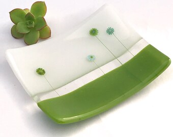 Avocado Green & White Fused Glass Dish, Mid Century Modern, Coastal Style, Bath Kitchen Decor, Jewelry, Soap, Condiment - Free US Shipping