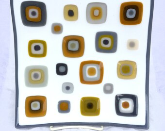 8" Amber & Grays Decorative Fused Glass Plate Dish Mid Century Modern Squares Warm Colors Handmade