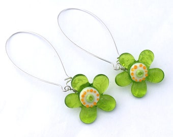 Lampwork Flamework Lime Green Hanging Flower Earrings SRA