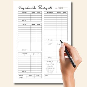Può includere: Un pianificatore di budget di busta paga bianco con sezioni per entrate, spese, bollette, risparmi e debiti. Il pianificatore include spazi per il budget e gli importi effettivi. Una mano che tiene una penna sta scrivendo sul pianificatore.