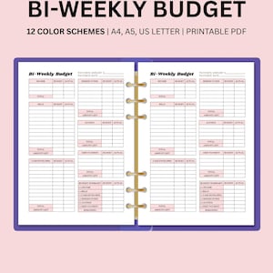 May include: A printable bi-weekly budget planner with a pink and white design. The planner includes sections for income, bills, savings, and debt payments. The text "BI-WEEKLY BUDGET" is displayed prominently at the top.